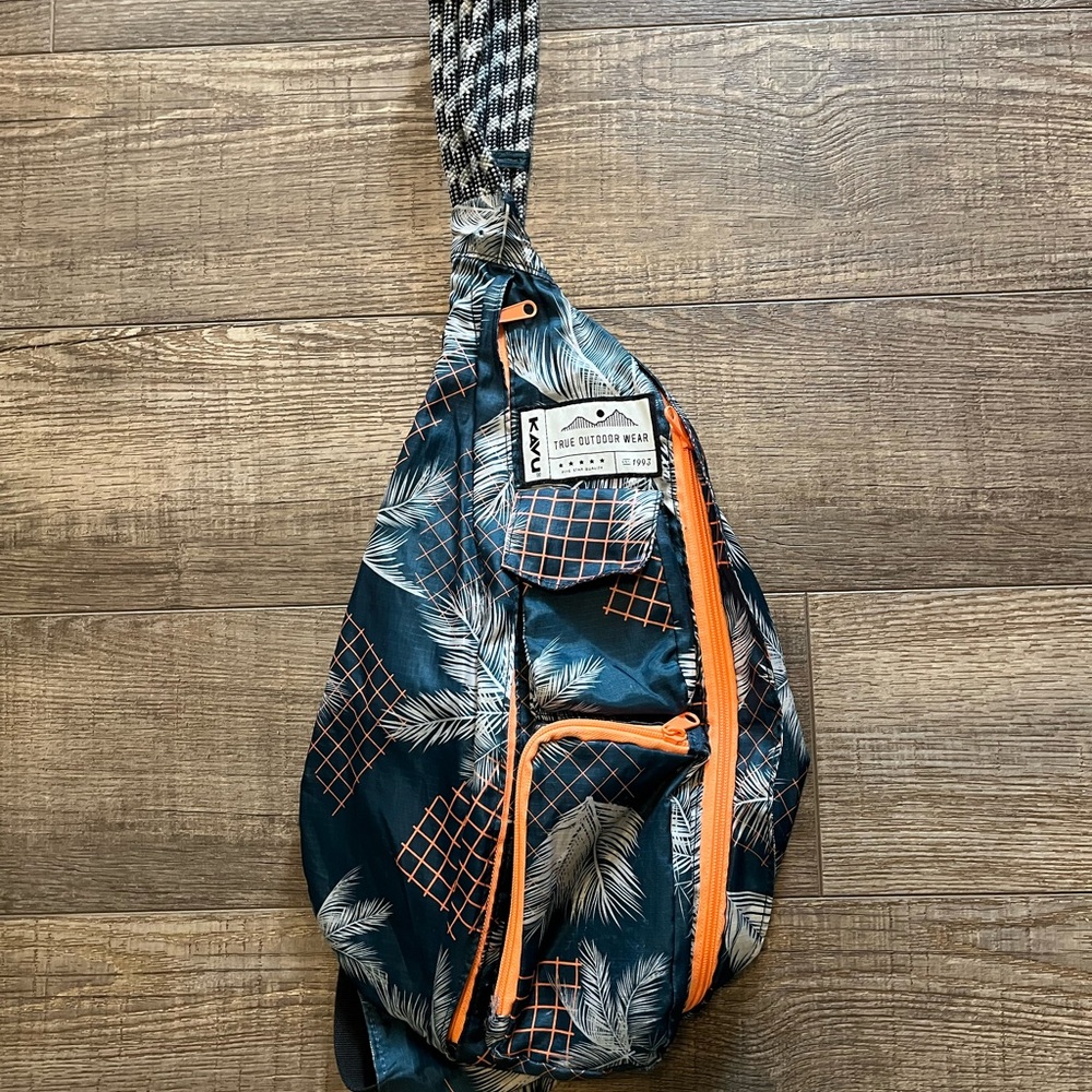 KAVU Teal Palm Print Crossbody Sling Bag with Orange Accents